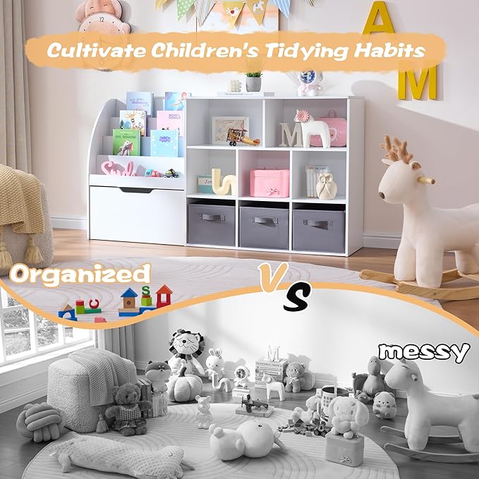 Kids Bookshelf and Toy Storage, 2 Pack 58.5’’ Toy Organizer with Movable Chests & 3 Storage Bins, Large Kids Reading Nook with 5 Cubbies for Playroom, Bedroom, Nursery, White