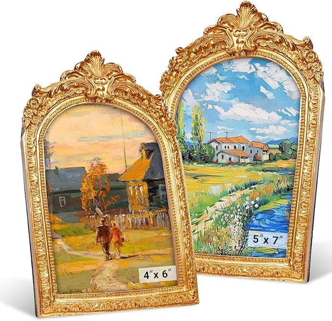 Vintage 4x6 Picture Frame, Gold Arch Resin Picture Frames Retro Handmade, Ornate Photo Frames with Glass Front for Wall Hanging or Tabletop Display, Antique Arched Photo Frame for Home Decor