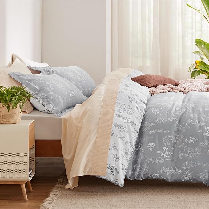 Bedsure Twin/Twin XL Duvet Cover - Reversible Grey Duvet Cover Set with Zipper Closure, 2 Pieces Cute Floral Patterned Bedding Set with 8 Corner Ties and 1 Pillow Sham