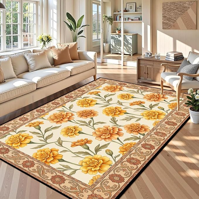 Marigold Floral Area Rug Vintage Boho Rug Bordered Non-Slip Washable Floor Mat for Bedroom Living Room Nursery Kitchen Playroom Home Decor,6'x9'