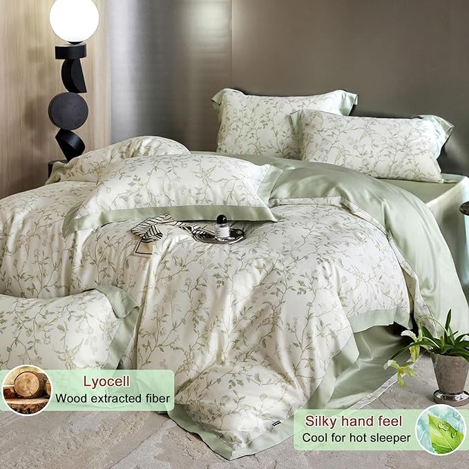 VM VOUGEMARKET Eucalyptus Lyocell Duvet Cover with 2 Pillow Shams,Vintage Garden Flower Bedding Set,Silky Soft, Cool-to-The-Touch Comforter Cover for Summer-King,Mint Green