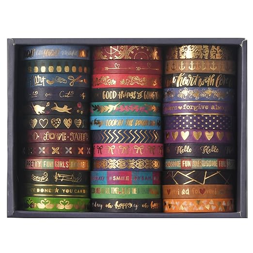Songdao 36 Rolls Skinny Washi Tape Set Gold Foil Detailing Arts Adhesive Tapes Basic Patterns Decorative Masking Tape Sets for Craft, Kids, Scrapbook, DIY, Gift Wrapping (Bronzing Letters)