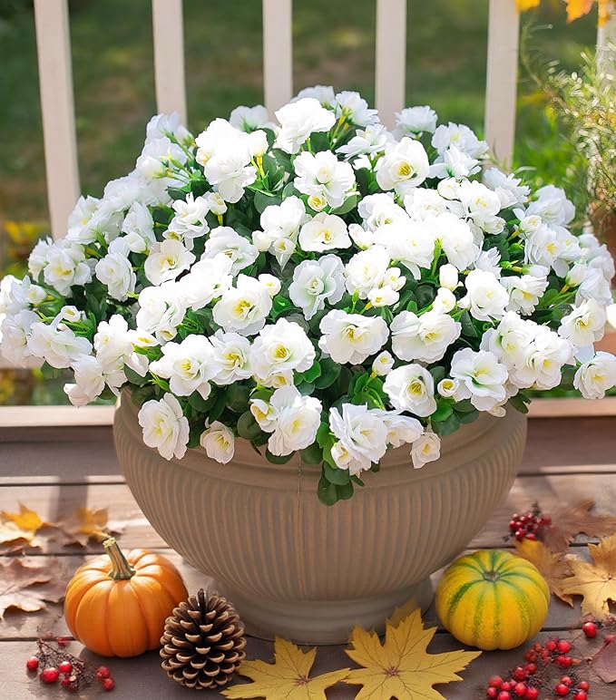 Ivydale Artificial Fake White Flowers Plants for Outdoor Outside Winter Christmas, Faux Silk Camellia UV Resistant Realistic for Front Door Porch Patio Balcony Garden Yard Decor, 3 Large Bundles