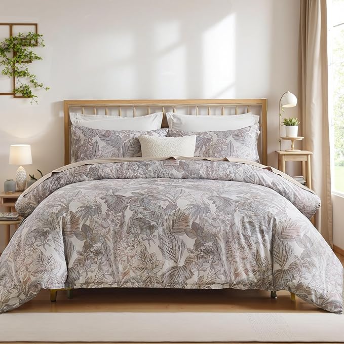 100% Cotton Duvet Cover King Size – Elegant Vintage Botanical Bedding Set with Zipper Closure, 3 Pieces Soft Breathable Neutral Floral Print Comforter Cover with 2 Pillowcases