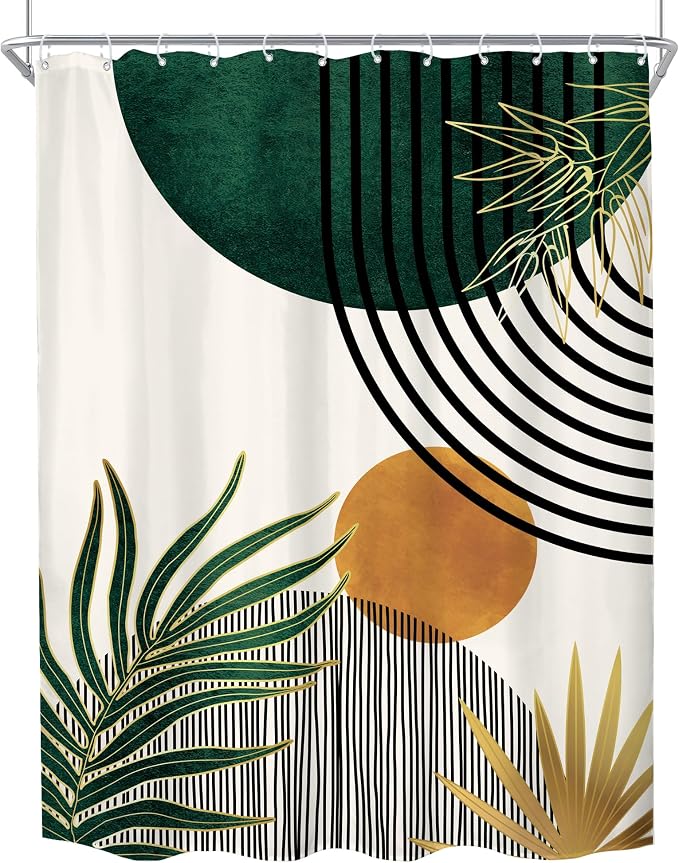 KOMLLEX Mid Century Green Boho Shower Curtain 54Wx78L Inches Abstract Modern Shower Curtains for Bathroom Decor Plant Botanical Minimalist Leaf Arch Sun Fabric Liner Waterproof Polyester 12 Pack Hooks