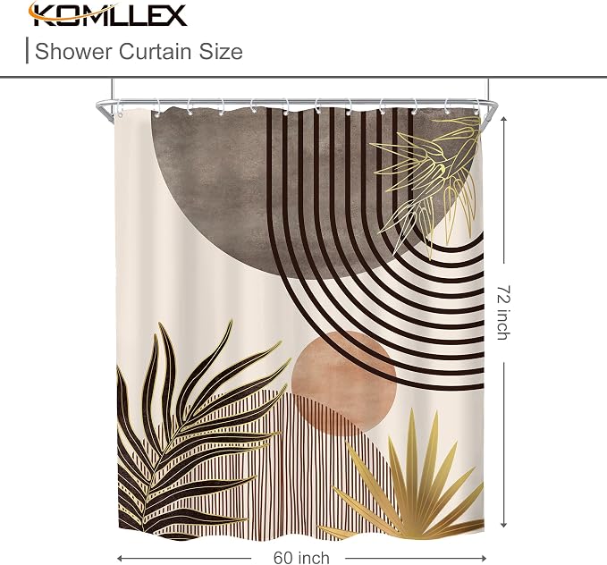 KOMLLEX Mid Century Boho Shower Curtain for Bathroom Decor Abstract Grey Modern Minimalist Brown Aesthetic Sun Arch Curve Leaves Geometric Neutral Fabric Waterproof Polyester 12 Pack Hook 60Wx72H