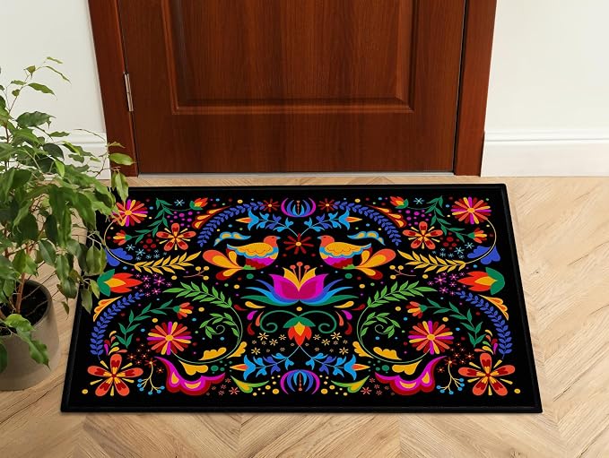 Mexican Talavera-Themed Door Mat Indoor Entrance Carpet Mexican Decor Doormat Black Entry Rug Non Slip 2x3 Washable Floor Mats Small Area Rug for Entryway, Kitchen, Bathroom, Bedroom