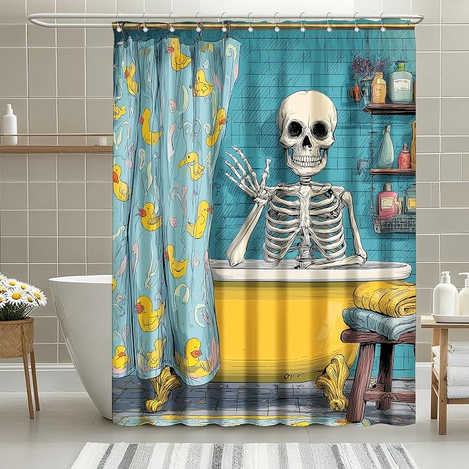 Funny Gothic Skull Shower Curtain Spooky Skull in Bathtub Shower Curtains for Bathroom Waterproof Fabric Bath Curtain Decor with Hooks