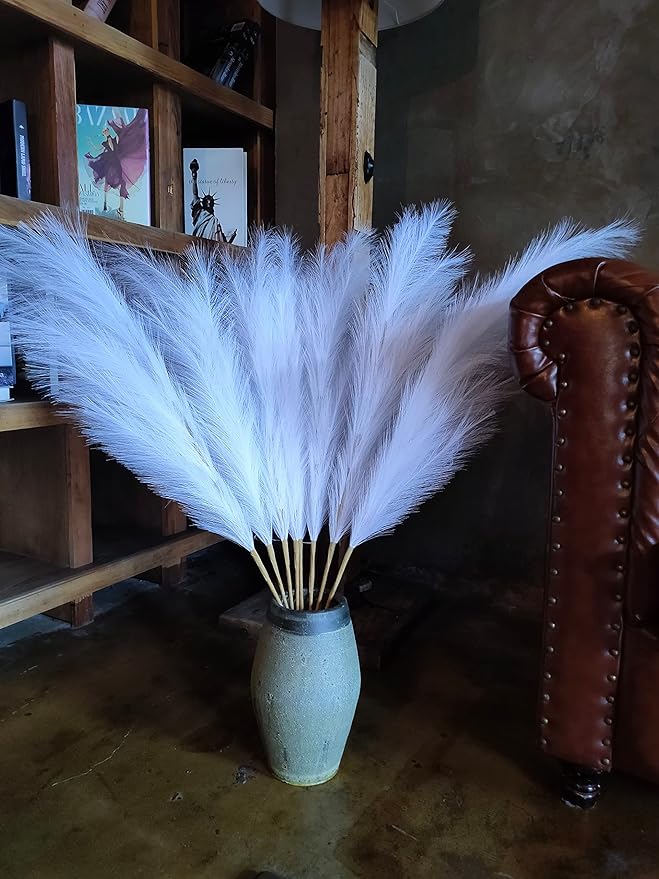 Premium Faux Pampas Grass Decor Tall & Fluffy, No Assembly Needed Long Pampas, Luxury Large Floral, Elegant Feather Flowers for Wedding Decorations(Faux White, 8pcs 43.3"(110cm))