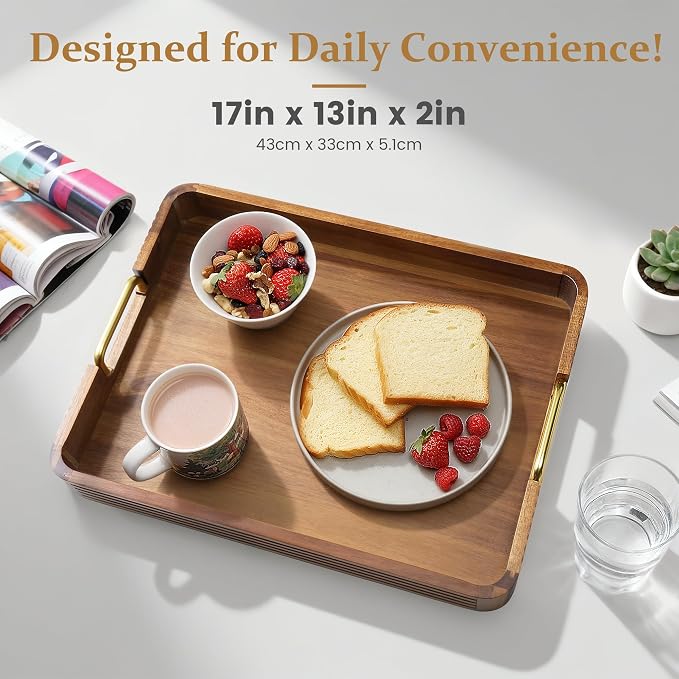 Acacia Wood Serving Tray with Metal Handles, 17x13in, Decorative Coffee Table Tray & Ottoman Tray, Anti-Slip Pads, Dark Wood Tray for Breakfast in Bed, Bar Tray, Gift Box