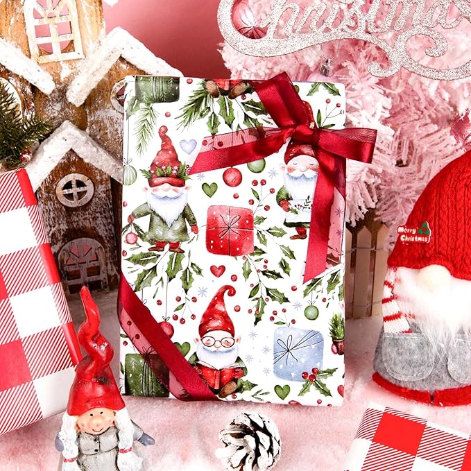 MAYPLUSS Christmas Wrapping Paper Roll - 17IN X 33FT - Gift Wrapping Paper Featuring Santa Claus Christmas Ballon Reversible Plaid for Kids, Holiday, New Year