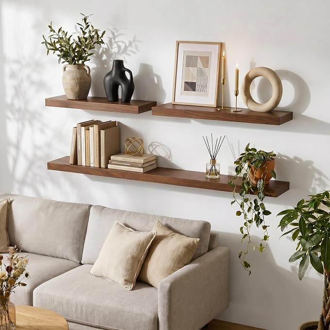 fuqing 20 Inch Floating Shelves | 6.7 Inch Deep Dark Wood Floating Shelves for Wall Set of 2 | 20''W x 6.7''D x 1.4''H Dark Wood Shelves for Living Room Bathroom Bedroom Kitchen Home Office