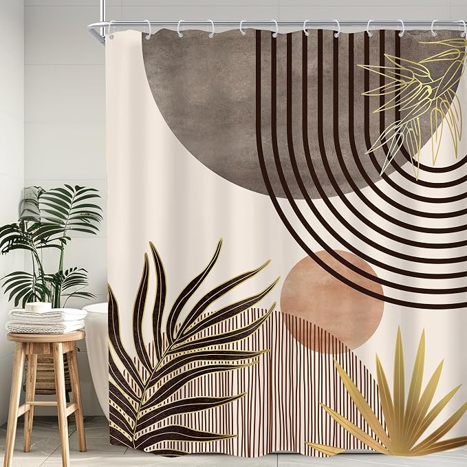 KOMLLEX Mid Century Boho Shower Curtain for Bathroom Decor Abstract Grey Modern Minimalist Brown Aesthetic Sun Arch Curve Leaves Geometric Neutral Fabric Waterproof Polyester 12 Pack Hook 60Wx72H