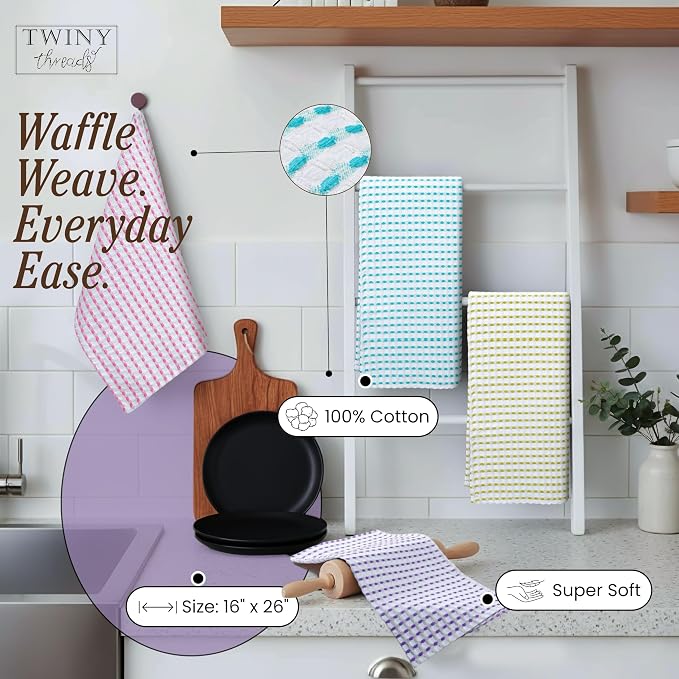 TWINY threads Multicolors White Waffle Towels 4 Pack, 16x26 Inches Absorbent Waffle Weave Kitchen Dish Cloth Set, Soft, Durable & Machine Washable Tea Towel, Rose Pink, Aqua Blue, Lavender, Green