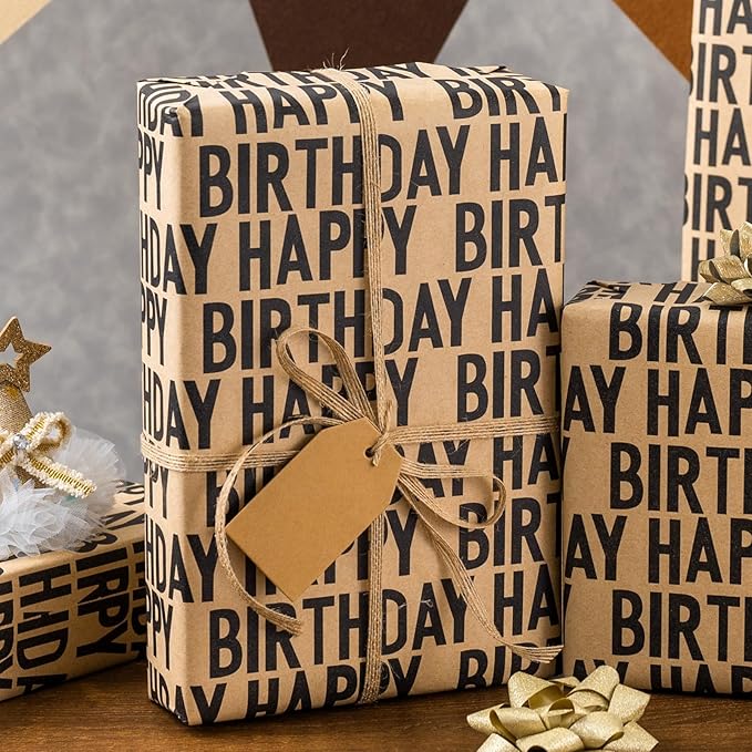 MAYPLUSS Birthday Wrapping Paper Rroll, Happy Birthday Kraft Gift Wrap for Boys Girls Men Women 17 IN x 33 FT
