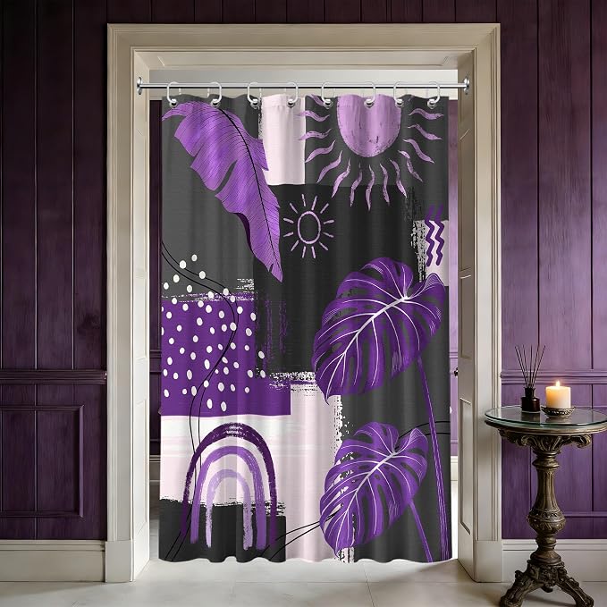 Small Stall Narrow Shower Curtain Purple and Gray Stand Up Dark Purple and Grey Abstract Shower Curtains for Rv Camper Bathroom Decor Sets, Waterproof Cloth Fabric with Hooks, 36 x 72 Inch