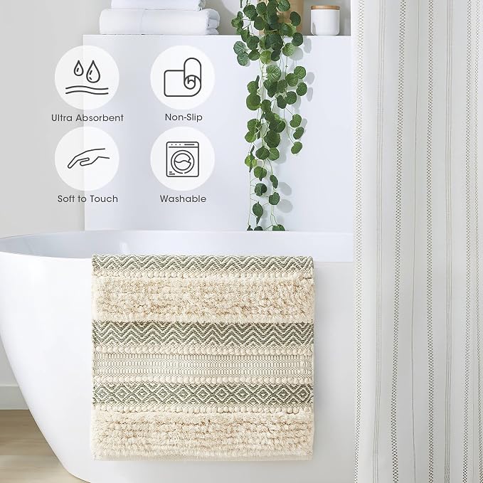 Ink+Ivy Bath Rug Hand-Woven Texture Shaggy Striped Soft & Water Absorbent, Boho Bathroom Décor Bath-Mats, Non-Slip Absorbent Quick Dry Mats for Tub, Shower Room, Asher, 22x58, Sage Green 1 Piece