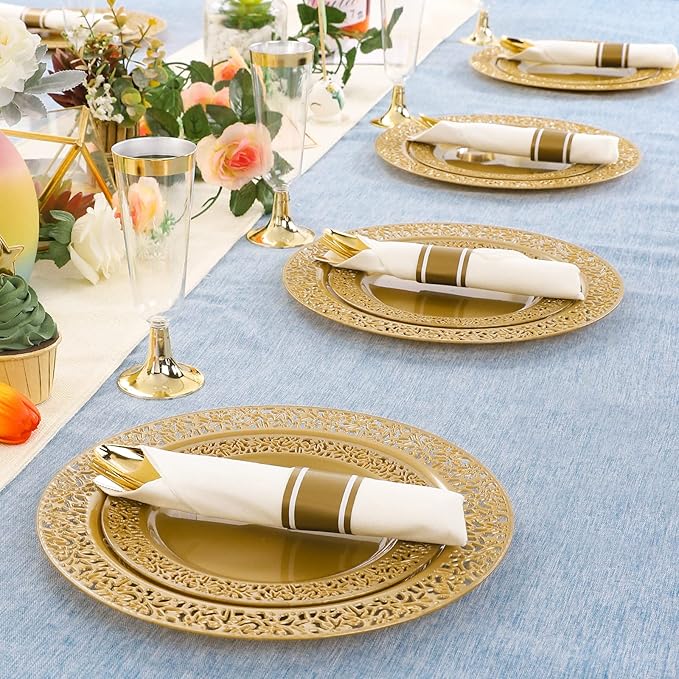 DaYammi 210Pcs Solid Gold Disposable Plates with Silverware and Cups,Christmas Plastic Plates for Party Include: 30 Dinner Plate,30 Dessert Plate,30 Rolled Napkins with Cutlery,30 Cups for Wedding