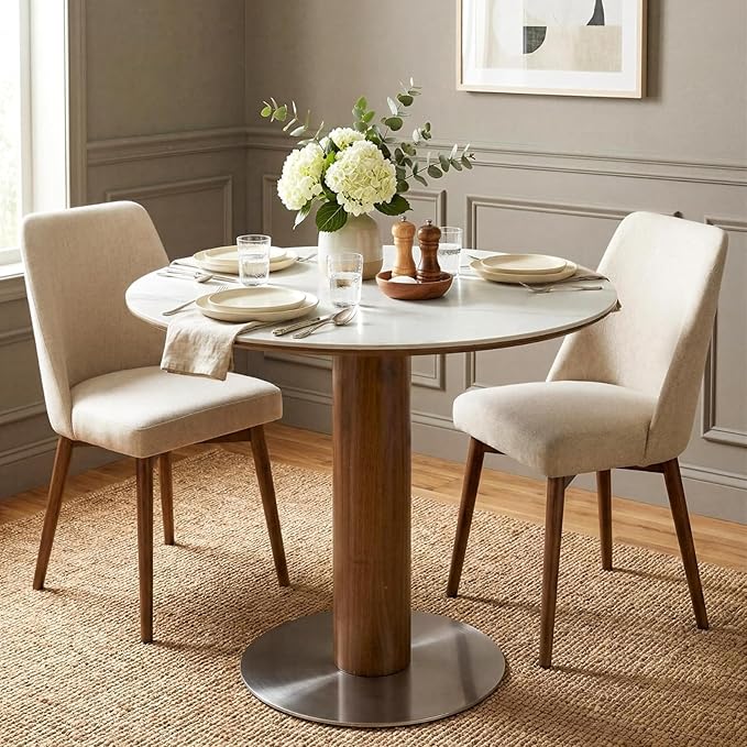 Round Dining Table, 31.5" Solid Wood Dinner Table with Thickened Top & Steel Pedestal, Mid Century Modern Bistro Table for Kitchen, Small Space, Living Room, Cafe, White & Walnut -Style A