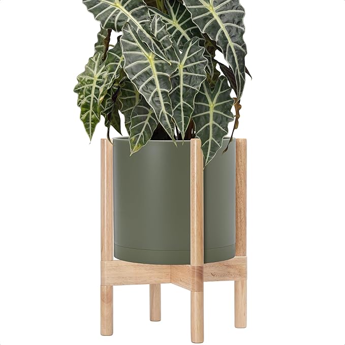 D'vine Dev Planter Pot with Stand - 10 Inch Plastic Cylinder Flower Pot with Wood Planter Holder for Indoor, Olive Pot + Natural Stand, 55-C-M-3