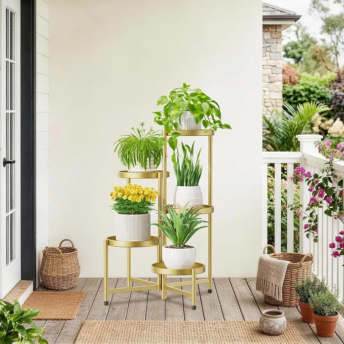 iDavosic.ly 5 Tier Large Plant Stand Indoor, 10 Inch Wide Tall Corner Metal Plant Stands Outdoor for Multiple Plants, Folding Tiered Flower Display Holder Rack Shelf, Gold