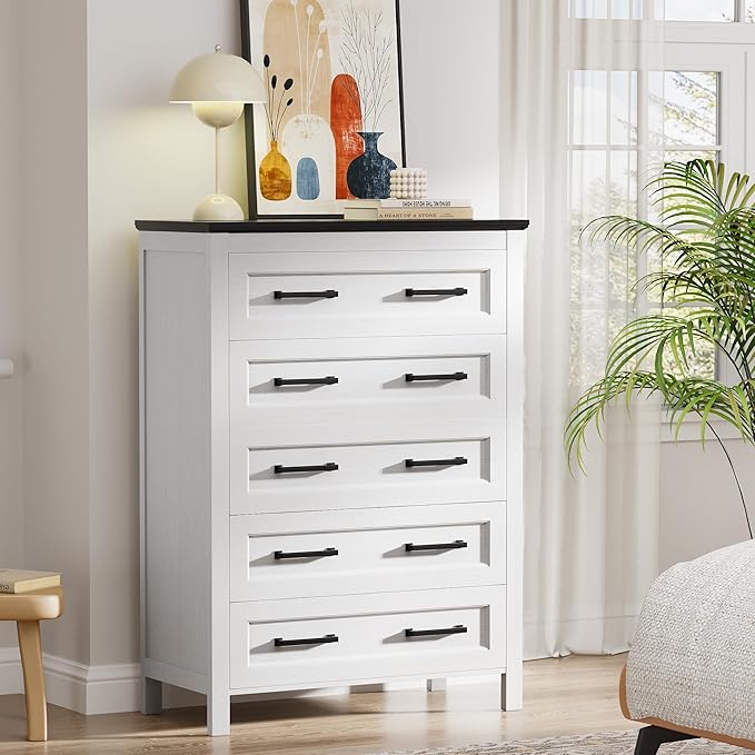 JUMMICO White Dresser Tall for Bedroom,Wooden 5 Drawer Dresser for Nursery,Chest of Drawers for Bedroom, Closet Storage Organizer for Living Room, Hallway, Closet (Black&White)