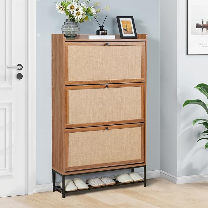 LEVNARY Shoe Cabinet for Entryway, Slim Shoe Cabinet with 3 Flip Drawers Narrow Shoe Storage Cabinet, 4 Tier Freestanding Shoe Organizer for Entryway, Hallway (2, Walnut)