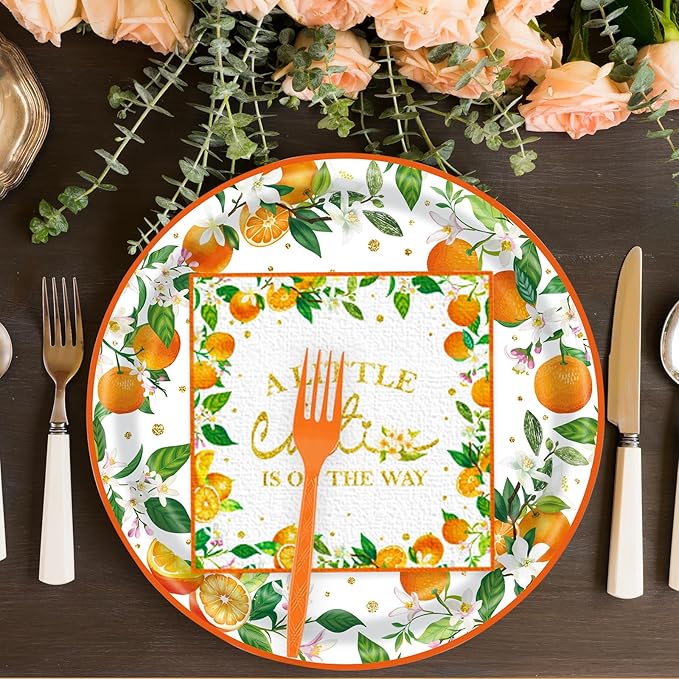 72 Pcs Little Cutie Baby Shower Party Supplies - Orange Birthday Decorations, Paper Plates and Napkins Set - A Little Cutie is on The Way Tableware Serves 24