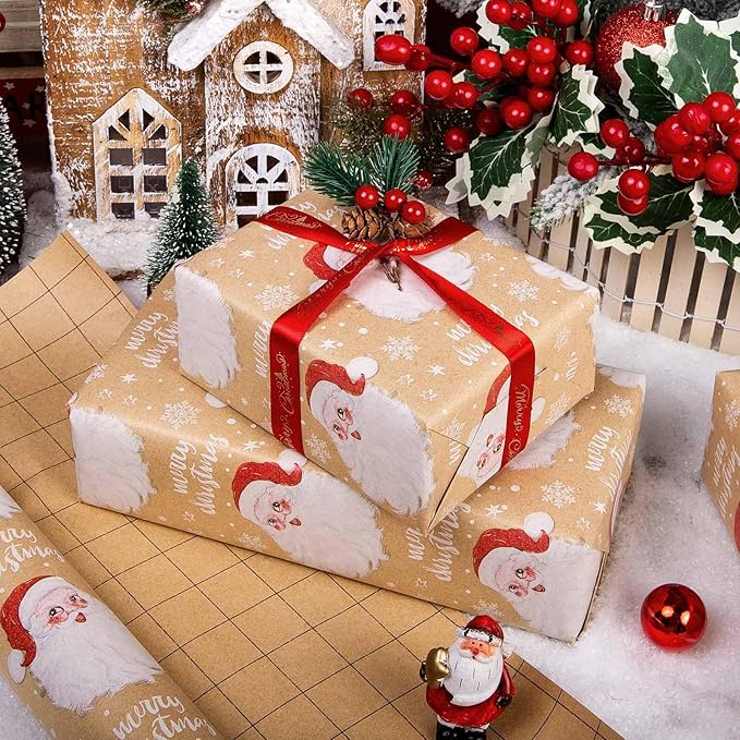 MAYPLUSS Christmas Wrapping Paper Roll - 17IN X 33FT - Kraft Gift Wrapping Paper Featuring Cute Santa Claus Snowflake Reversible Cut Lines for Kids, Holiday, New Year