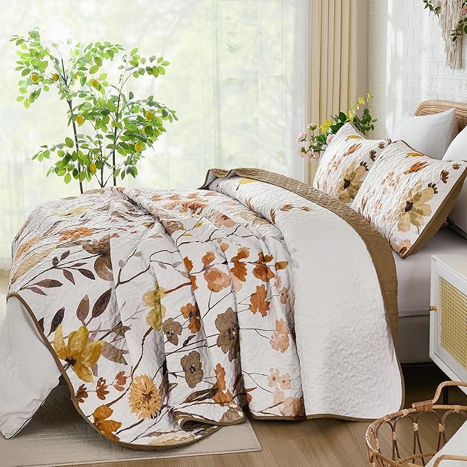 Anibedding Brown Quilt Set King Size, Floral Bedspread with 2 Pillowcases, Soft Microfiber Lightweight Coverlet Bedding Set for All Season(104"x90")