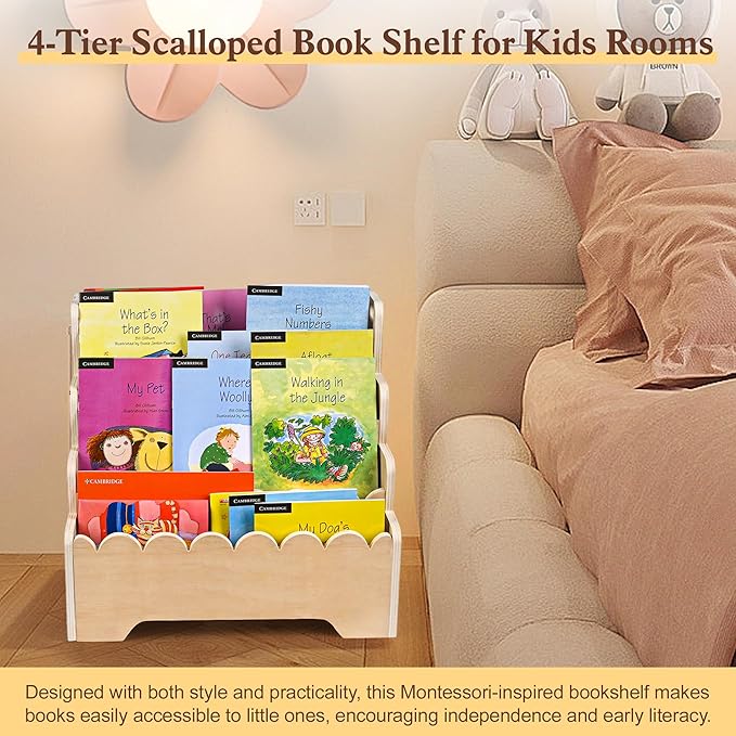 MBYD Wooden Kids Bookshelf 4-Tier, Scalloped Book Shelf for Kids, Front Facing Toddler Montessori Bookshelf, Baby Nursery Book Shelves, Children Bookcase Organizer for Bedroom Playroom Living Room