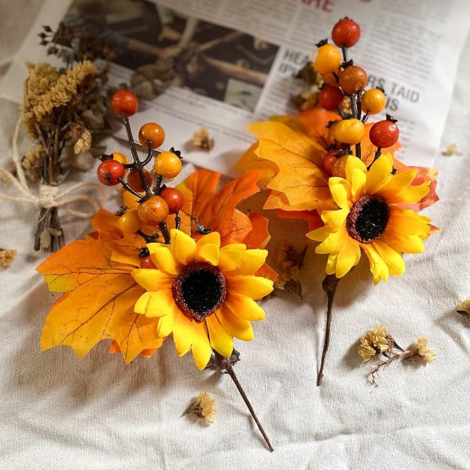 12 Pack Fall Stems Artificial Berry Picks Fall Picks with Pine Cone Sunflowers Pumpkin Maple Leaves Branches Decorations for Harvest Autumn Thanksgiving Day Wreaths Indoor Outdoor Home Decor