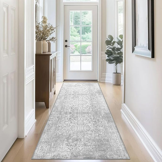 vivorug Runner Rug 2'x8' Vintage Washable Non-Slip Runners for Hallways Kitchen Entryway Laundry Room Carpet Hallway Runner Ivory/Silver