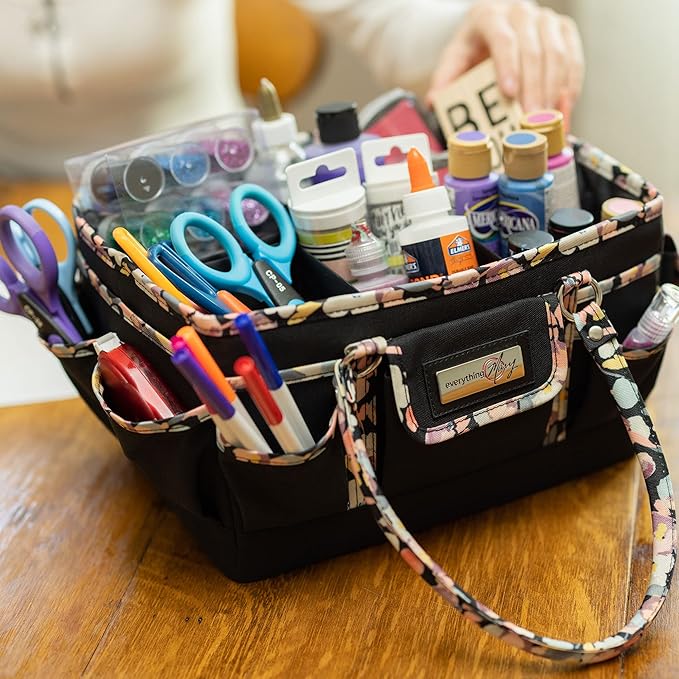 Everything Mary Deluxe Store & Tote Organizer – Black with Floral Trim Craft Caddy – Collapsible Storage Bag for Scrapbooking, Sewing, Art Supplies & DIY Craft Tools
