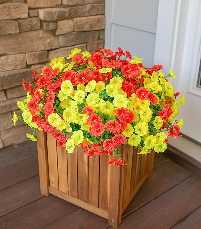 Artificial Mums for Outdoors Fake Fall Flowers Plants for Autumn Decoration, 12 Bundles Silk Morning Glory with Eucalyptus Look Real UV Resistant Faux Mums for Outside Planters Yard Patio Porch, Mix
