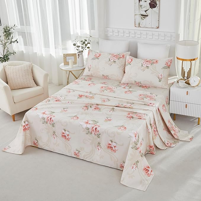 Brandream Floral Bed Sheets Twin Size Luxury Blossom Flower Print, 100% Egyptian Cotton 4 Pieces Sheet Set, Kids Sheets, Cooling Sheets for Twin Size Bed Deep Pockets, Floral Bed Sheets