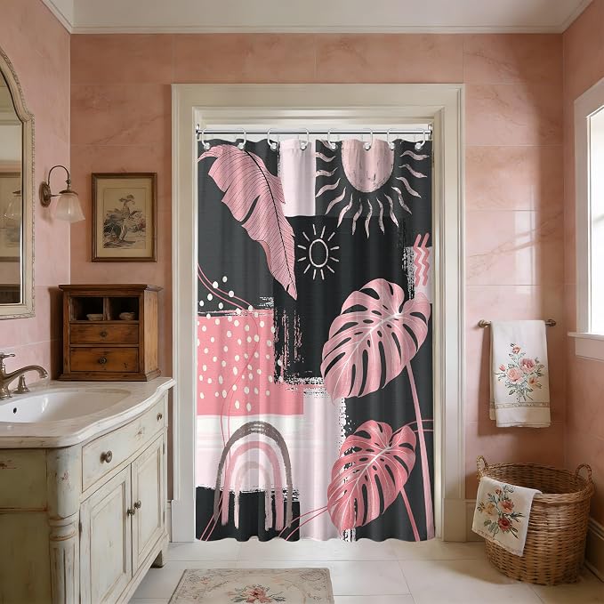 Small Stall Narrow Shower Curtain Pink and Gray Stand Up Abstract Grey Bohemian Shower Curtains for Rv Camper Bathroom Decor Sets, Waterproof Cloth Fabric with Hooks, 48 x 72 Inch