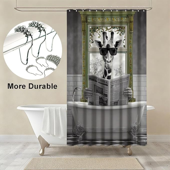 Rustic Shower Curtain Giraffe Reading Newspaper Shower Curtains for Bathroom Waterproof Fabric Bath Curtain Decor with Hooks