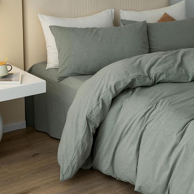 JIYUAN 100% Washed Cotton Duvet Cover Set 3 Pieces Cal King, 1 Duvet Cover 104x98 Inches(Comforter Not Included) and 2 Pillowcases,Linen Feel Bedding Set Comfy and Breathable, Heathered Green