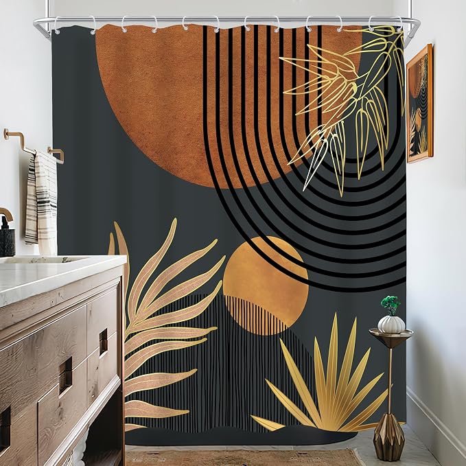 KOMLLEX Mid Century Brown Black Boho Shower Curtain 72Wx72L Inches Abstract Modern Shower Curtain for Bathroom Decor Plant Botanical Minimalist Arch Sun Fabric Liner Waterproof Polyester 12 Pack Hooks