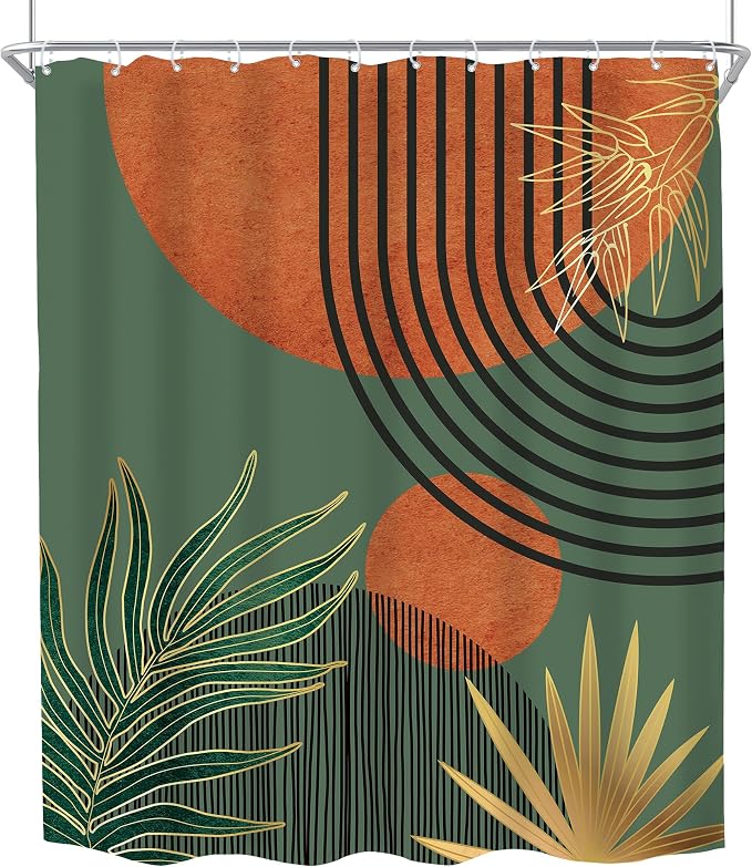 KOMLLEX Mid Century Green Orange Boho Shower Curtain for Bathroom Decor Abstract Modern Sun Minimalist Aesthetic Arch Curve Leaves Geometric Neutral Fabric Waterproof Polyester 12 Pack Hooks 60Wx72L