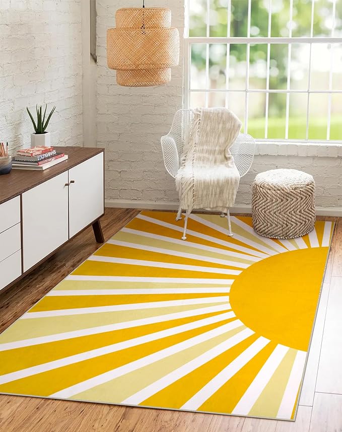 Lahome Yellow Rainbow Sun Area Rug: 5'x7' Ultra-Thin Machine Washable & Non-Slip with Cute Boho Print for Nursery, Bedroom, Living Room, Classroom & Dorm