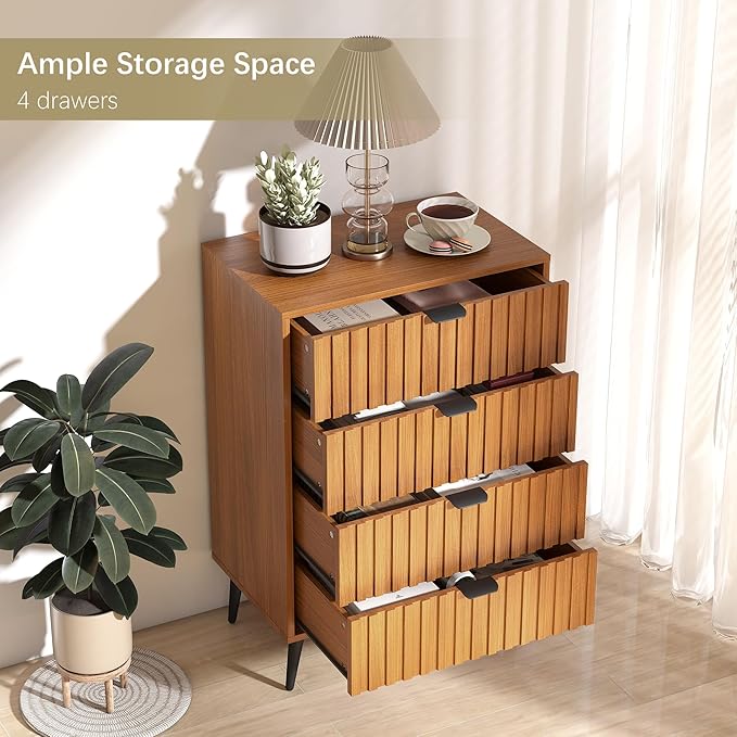 Fluted Dresser for Bedroom with 4 Drawers, 24'' Wide Modern Dresser with Metal Handle, Natural Wood Dressers Organizer with Blister Drawers for Bedroom, Brown