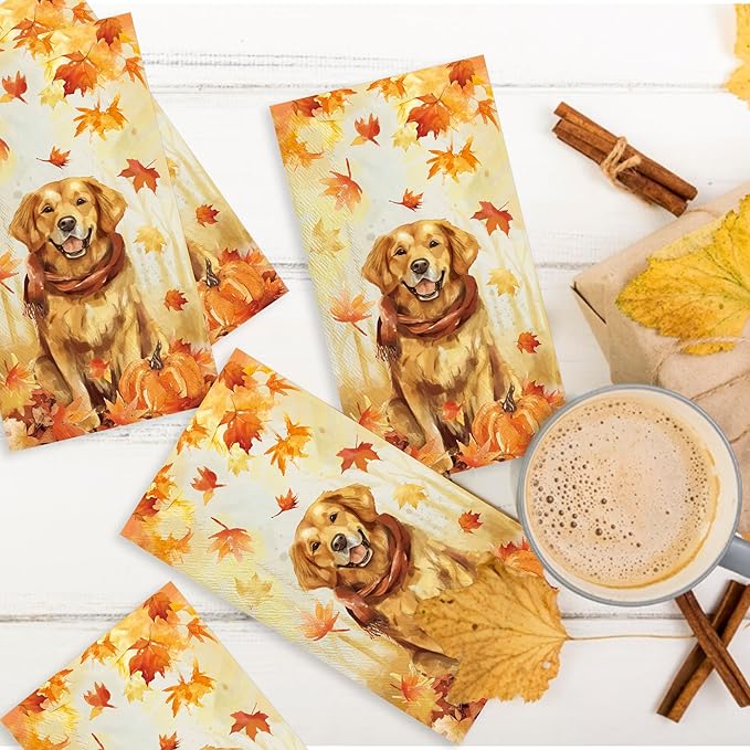 100pcs Maple Leaves Golden Retriever Napkins 3-Ply Thanksgiving Napkins for Decoupage Disposable Guest Hand Towels for Bathroom Home Kitchen Table Harvest Party