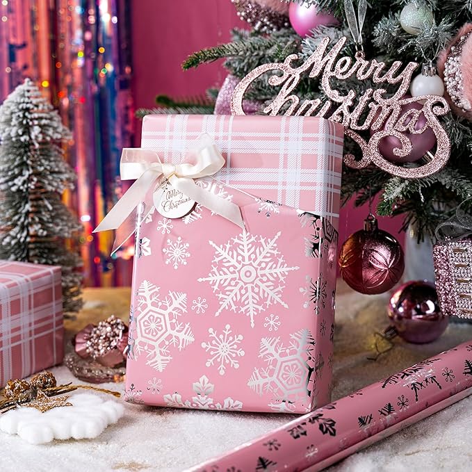 MAYPLUSS Pink Christmas Wrapping Paper, Snowflake Wrapping Paper, Metallic Foil Girly Pastel Snowflake, Plaid Design Christma Gift Wrap for Girl Women Winter Holiday (Mini Roll, 17 Inch X 16.5 Feet)