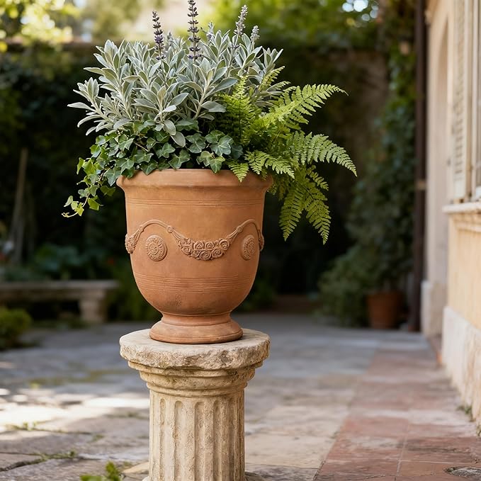 Large Urn Planter Magnesium Oxide Plant Pot with Cement Texture Concrete Urn Planters with Drainage Hole, 14" Dia x 17.5", Rusty