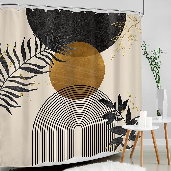 Black Boho Shower Curtain 72Wx72H Mid Century Gold Leaves Modern Bohemian Abstract Bathroom Decor Plant Botanical Minimalist Geometric Bath Curtain Fabric Polyester 12 Pack Hooks