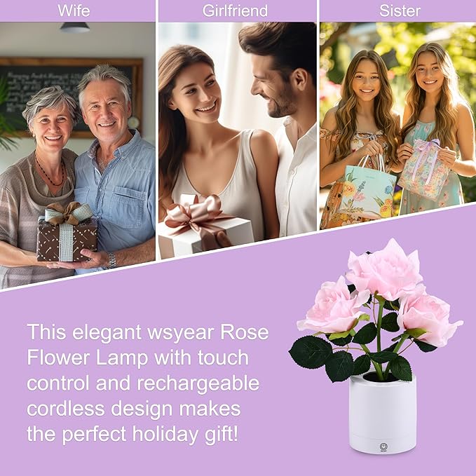 WSYEAR Pink Rose Flower Lamp, Christmas Day LED Artificial Flowers Gifts for Her Wife Girlfriend Small Table Lamp Night Light, Cordless Touch Lamp
