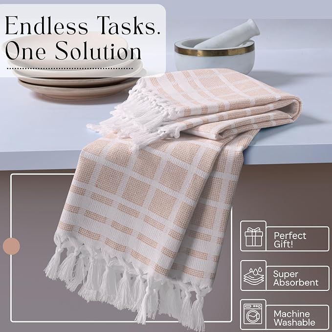 Matrix Dobby Kitchen Towels Set of 12, 100% Cotton, Combo Pack, 16"x26", Absorbent Tea Towels with Handmade Tassels, Reusable Cleaning Cloths - Beige, Forest Green, Grey