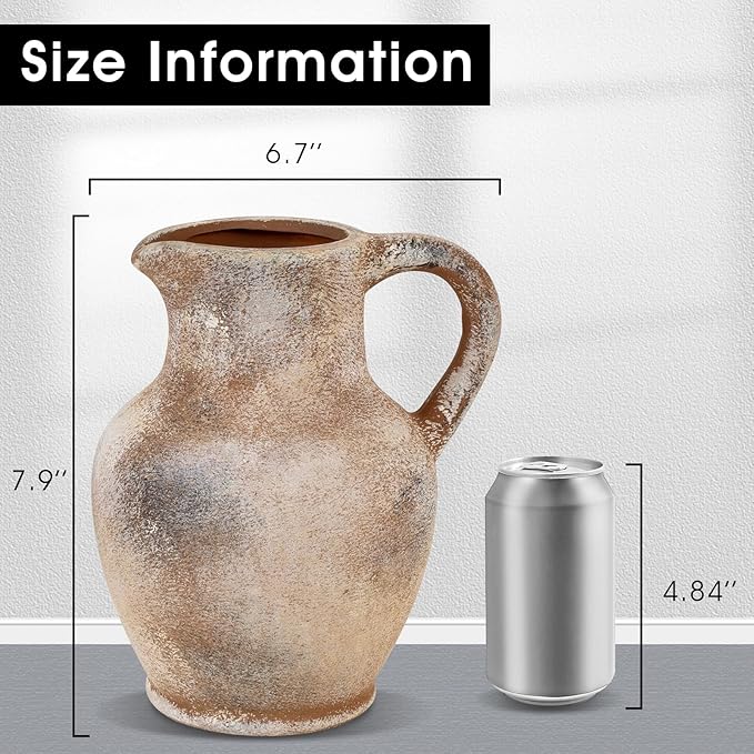 Ceramic Rustic Farmhouse Vase with Handle, Terracotta Vase, Minimalist Decorative Vases for Home Decor, Table, Living Room, Shelf, Christmas Decoration(Terra)